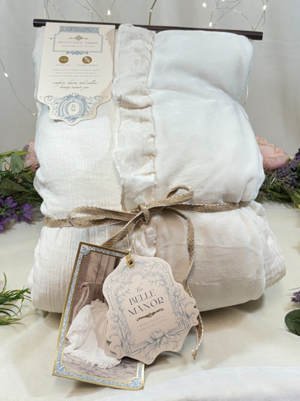 Romantic Ruffled Edge Ivory Shabby Chic Reversible Throw Plush Blanket 50x70 New